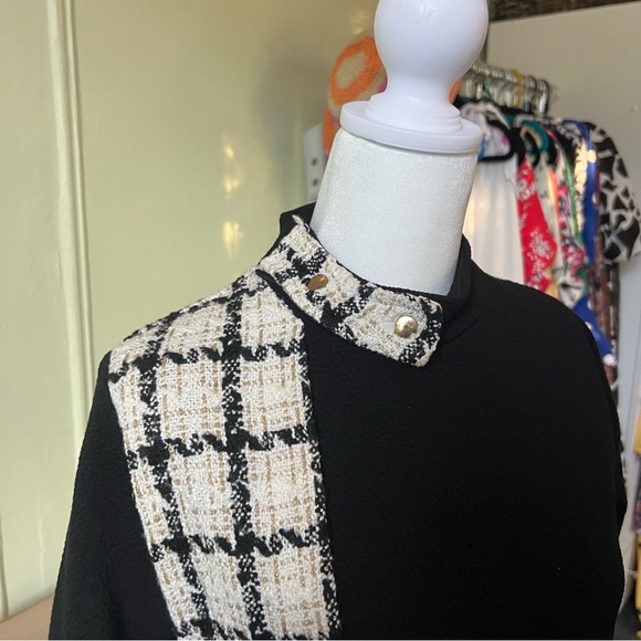 White Gold Tweed & Black Colorblock Mockneck Thick Modest Formal Pencil Dress S - Picture 4 of 16